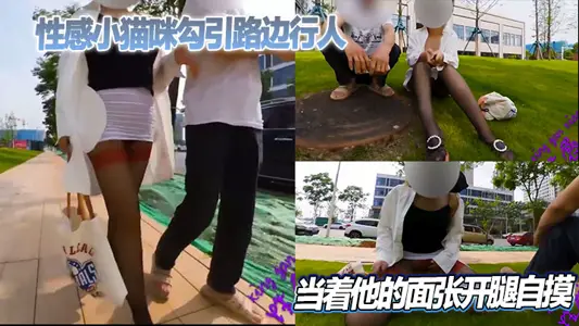 Sexy kittens seduce pedestrians on the roadside and spread their legs to touch themselves in front of him.